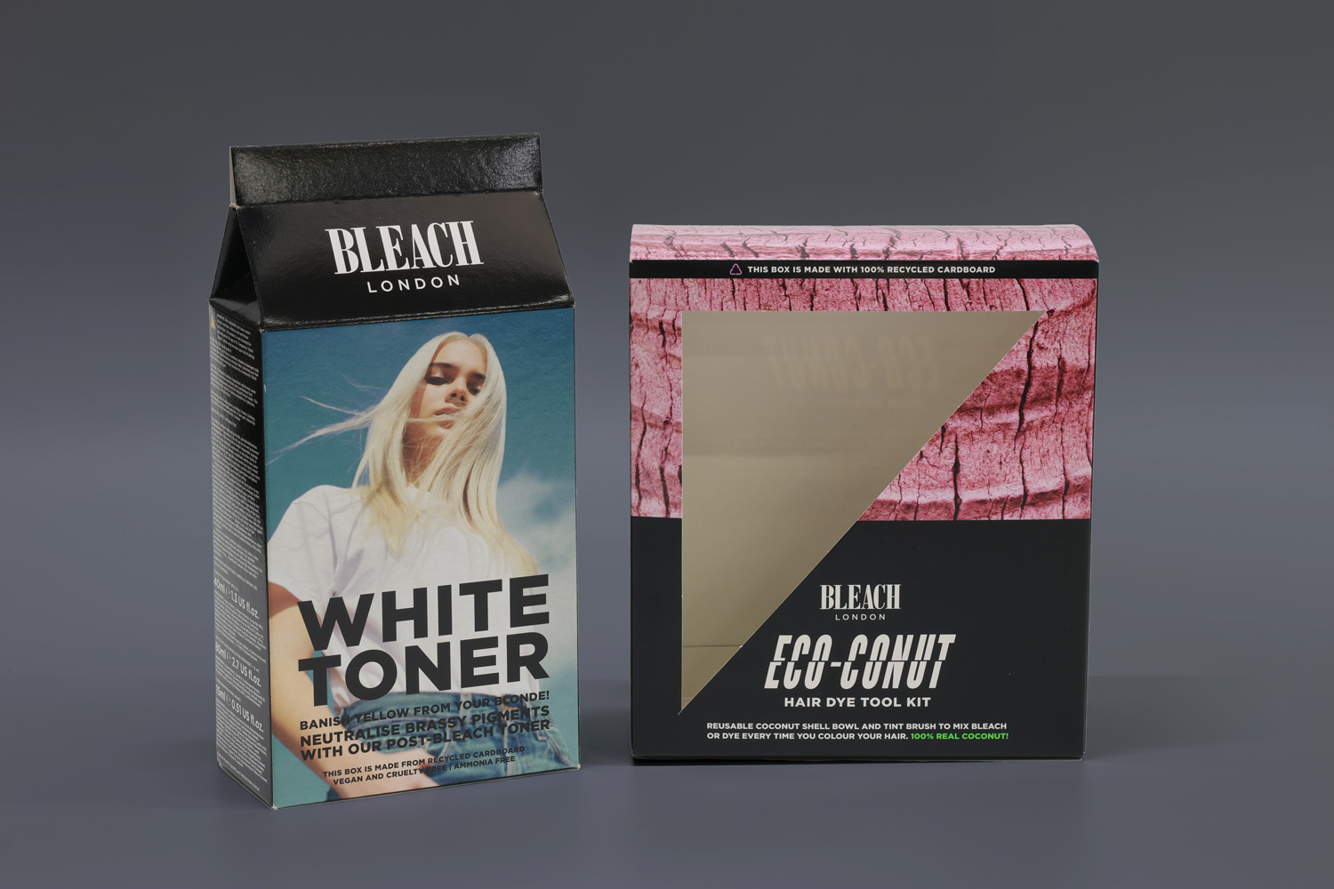 Bleach London, printed personal care packaging. Gable style hair dye box and window aperture hair dye kit box.