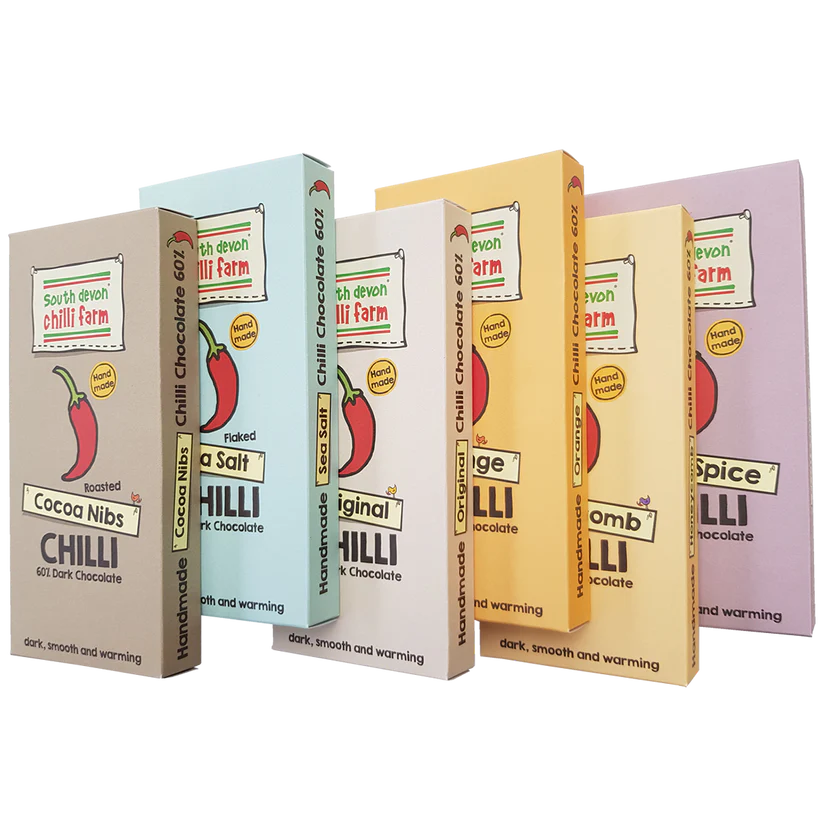Chilli Chocolate Packaging, printed in a selection of different colours for different flavours